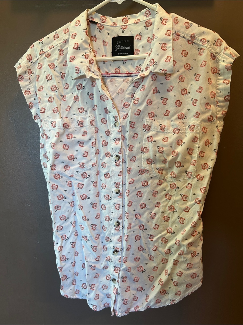 Jachs Boyfriend White Button-Up Shirt with Red Floral Print